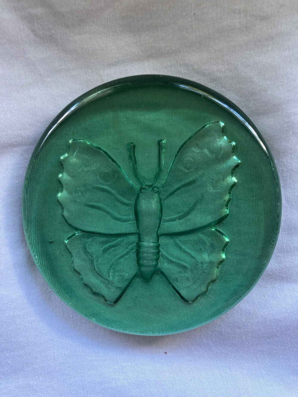 Vintage Butterfly Green Art Glass Coaster/ Paperweight Intaglio 4” Blenko Style